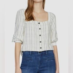Anthropologie Sanctuary Off-White Puff-Sleeve Square-Neck Button Blouse Top M